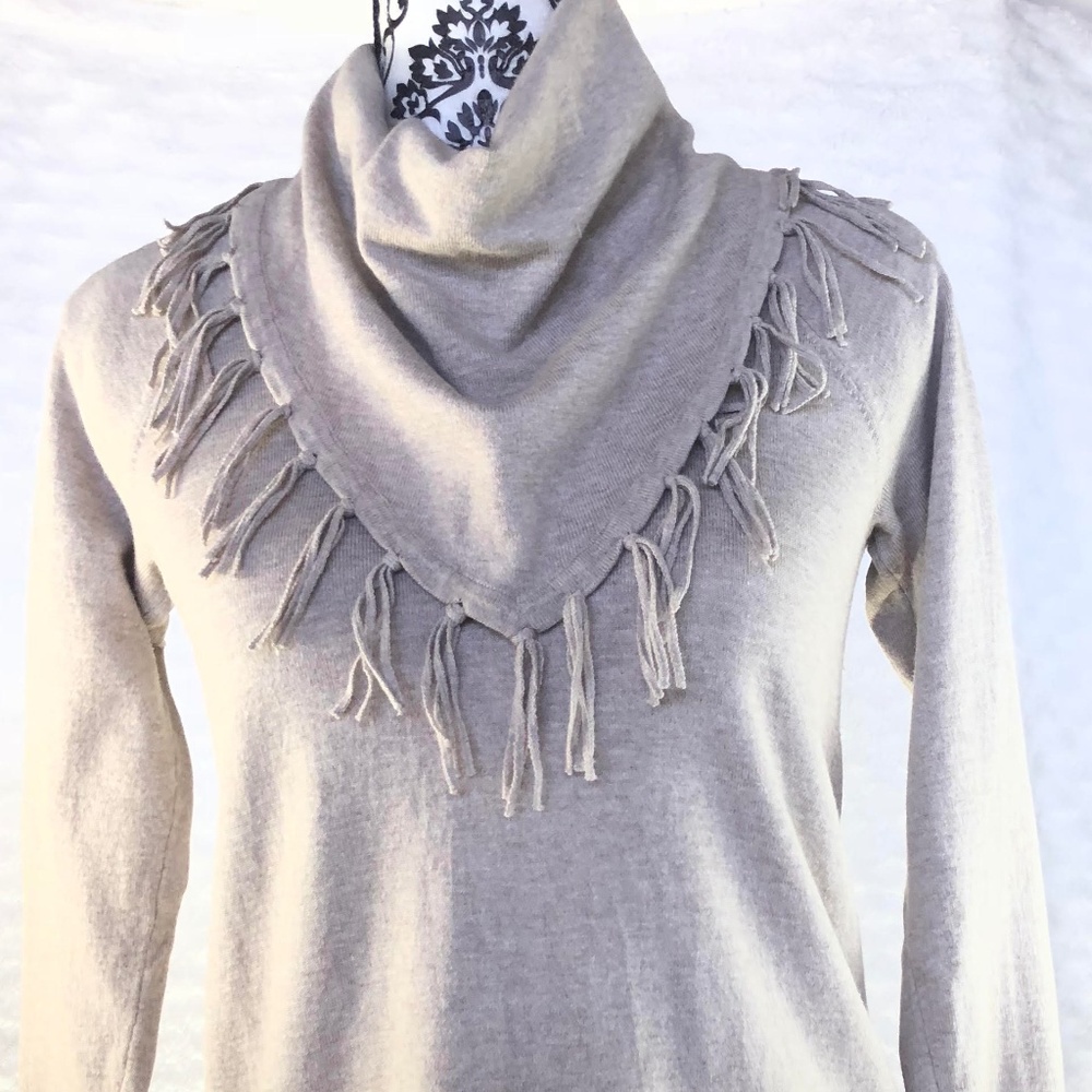 Style & CO Petite Cream Fringe Cowl Neck LS Top PP